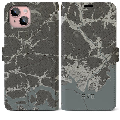 【赤穂（兵庫県）】地図柄iPhoneケース（手帳タイプ）モノトーン・iPhone 15 Plus 用