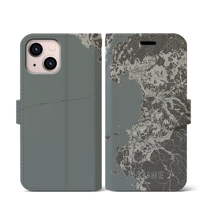 【阿久根（鹿児島県）】地図柄iPhoneケース（手帳タイプ）モノトーン・iPhone 13 mini 用