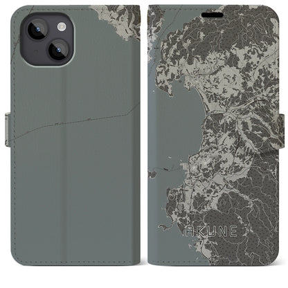 【阿久根（鹿児島県）】地図柄iPhoneケース（手帳タイプ）モノトーン・iPhone 14 Plus 用