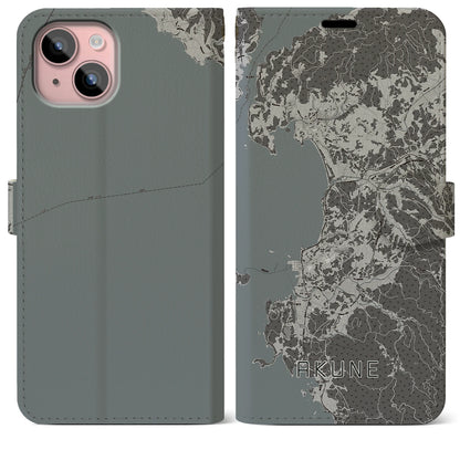 【阿久根（鹿児島県）】地図柄iPhoneケース（手帳タイプ）モノトーン・iPhone 15 Plus 用