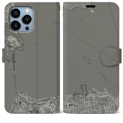 【アルカトラズ島（アメリカ）】地図柄iPhoneケース（手帳タイプ）モノトーン・iPhone 13 Pro Max 用
