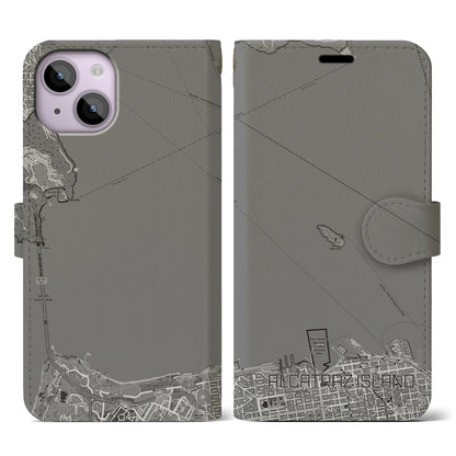 【アルカトラズ島（アメリカ）】地図柄iPhoneケース（手帳タイプ）モノトーン・iPhone 14 用