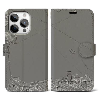 【アルカトラズ島（アメリカ）】地図柄iPhoneケース（手帳タイプ）モノトーン・iPhone 14 Pro 用