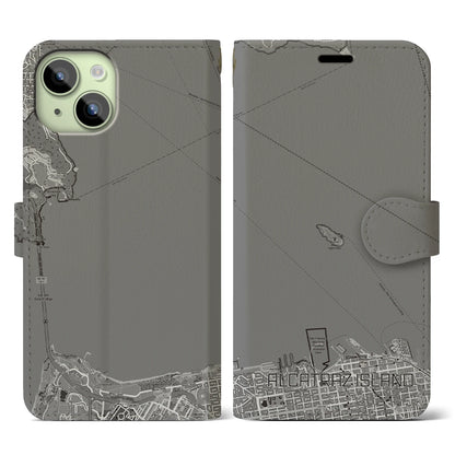 【アルカトラズ島（アメリカ）】地図柄iPhoneケース（手帳タイプ）モノトーン・iPhone 15 用