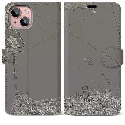 【アルカトラズ島（アメリカ）】地図柄iPhoneケース（手帳タイプ）モノトーン・iPhone 15 Plus 用