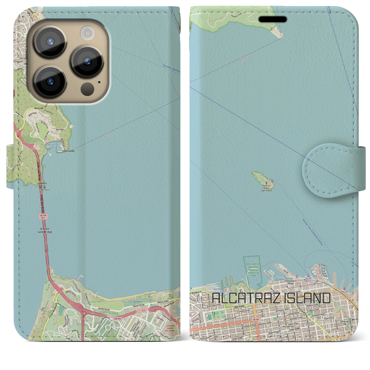 【アルカトラズ島（アメリカ）】地図柄iPhoneケース（手帳タイプ）ナチュラル・iPhone 14 Pro Max 用
