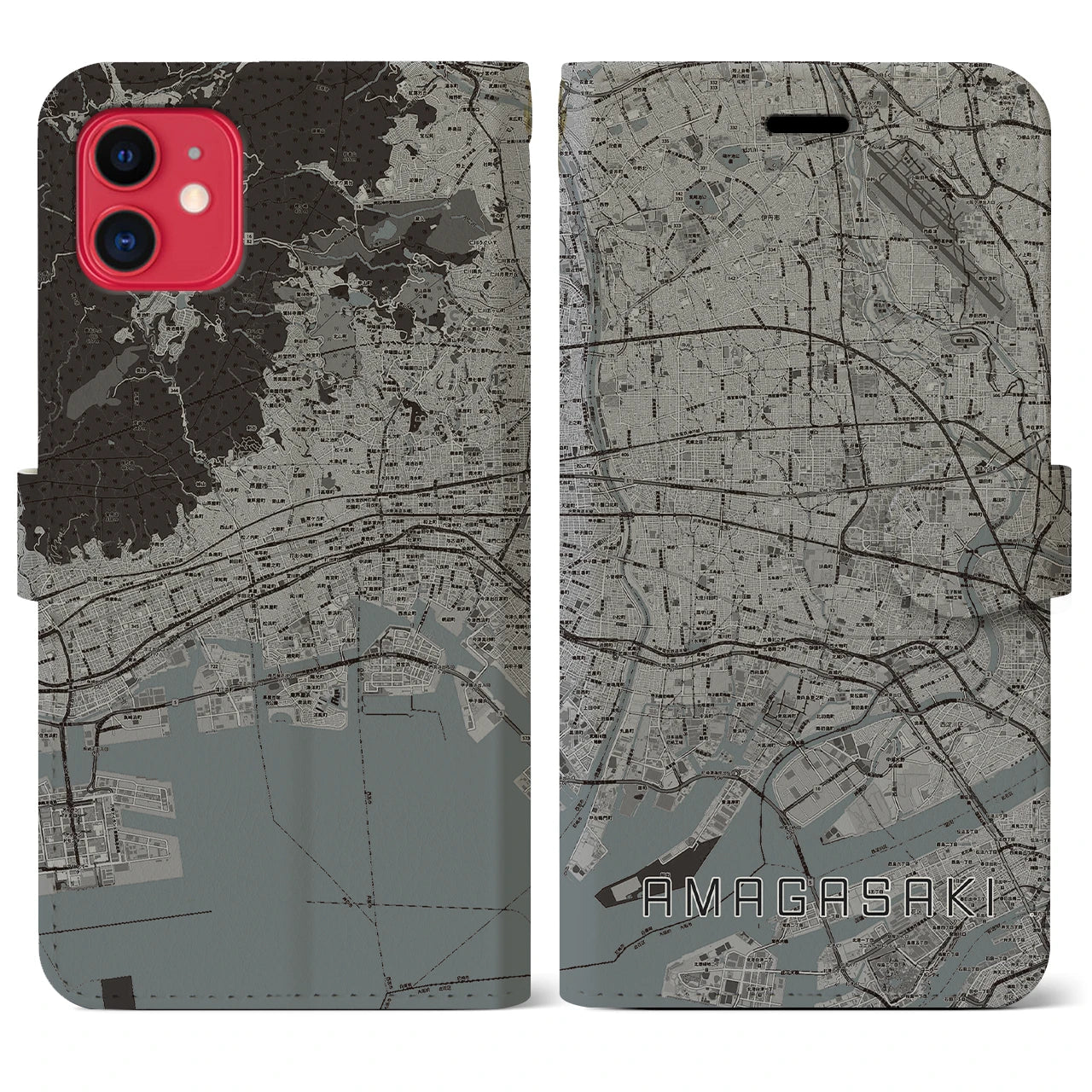 【尼崎】地図柄iPhoneケース（手帳両面タイプ・モノトーン）iPhone 11 用