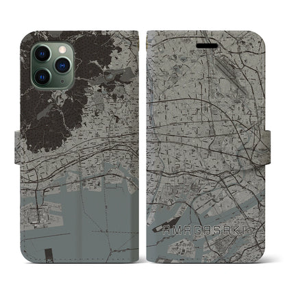 【尼崎（兵庫県）】地図柄iPhoneケース（手帳タイプ）モノトーン・iPhone 11 Pro 用