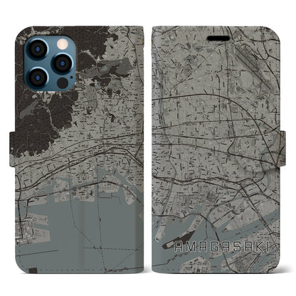 【尼崎（兵庫県）】地図柄iPhoneケース（手帳タイプ）モノトーン・iPhone 12 / 12 Pro 用
