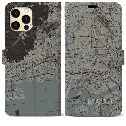 【尼崎（兵庫県）】地図柄iPhoneケース（手帳タイプ）モノトーン・iPhone 12 Pro Max 用