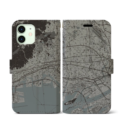 【尼崎（兵庫県）】地図柄iPhoneケース（手帳タイプ）モノトーン・iPhone 12 mini 用