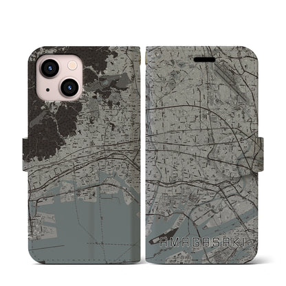 【尼崎（兵庫県）】地図柄iPhoneケース（手帳タイプ）モノトーン・iPhone 13 mini 用