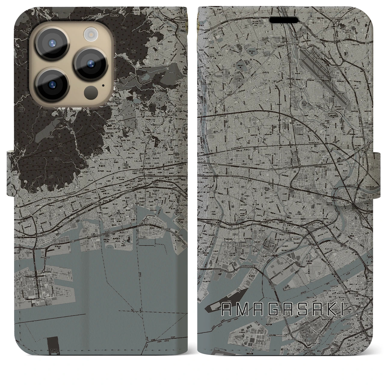 【尼崎】地図柄iPhoneケース（手帳両面タイプ・モノトーン）iPhone 14 Pro Max 用