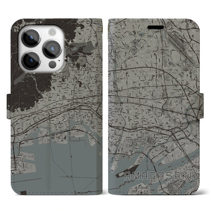 【尼崎（兵庫県）】地図柄iPhoneケース（手帳タイプ）モノトーン・iPhone 14 Pro 用