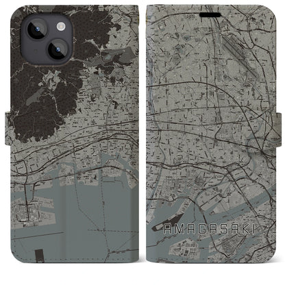 【尼崎（兵庫県）】地図柄iPhoneケース（手帳タイプ）モノトーン・iPhone 14 Plus 用