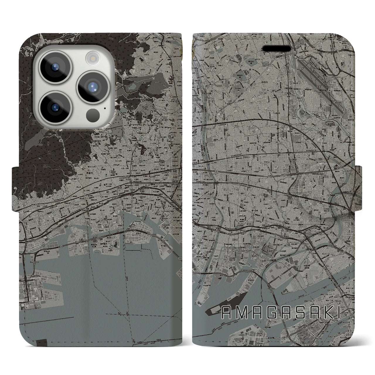 【尼崎】地図柄iPhoneケース（手帳両面タイプ・モノトーン）iPhone 15 Pro 用