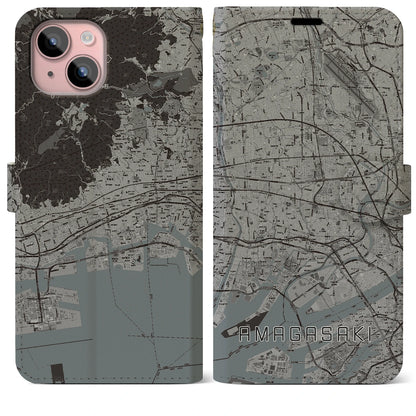 【尼崎（兵庫県）】地図柄iPhoneケース（手帳タイプ）モノトーン・iPhone 15 Plus 用