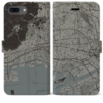 【尼崎（兵庫県）】地図柄iPhoneケース（手帳タイプ）モノトーン・iPhone 8Plus /7Plus / 6sPlus / 6Plus 用