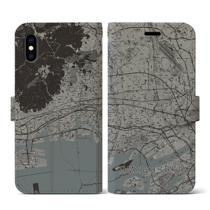 【尼崎（兵庫県）】地図柄iPhoneケース（手帳タイプ）モノトーン・iPhone XS / X 用