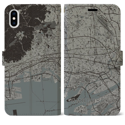 【尼崎（兵庫県）】地図柄iPhoneケース（手帳タイプ）モノトーン・iPhone XS Max 用