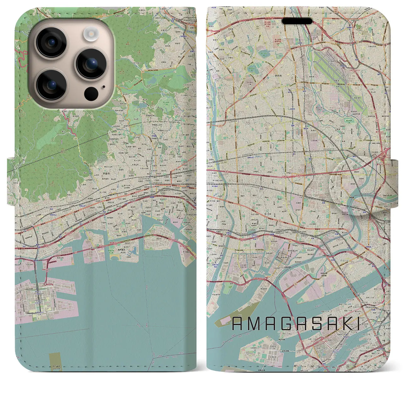 【尼崎（兵庫県）】地図柄iPhoneケース（手帳タイプ）ナチュラル・iPhone 16 Plus 用