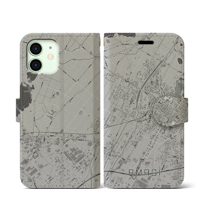 【甘木（福岡県）】地図柄iPhoneケース（手帳タイプ）モノトーン・iPhone 12 mini 用