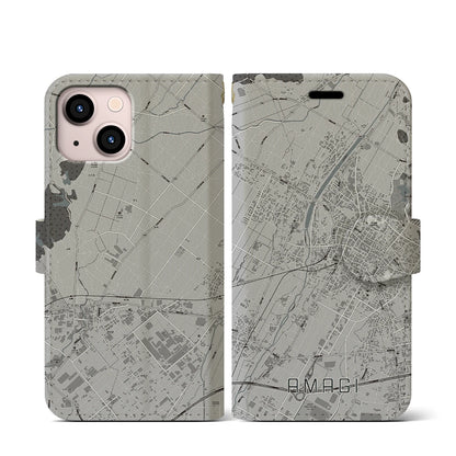 【甘木（福岡県）】地図柄iPhoneケース（手帳タイプ）モノトーン・iPhone 13 mini 用