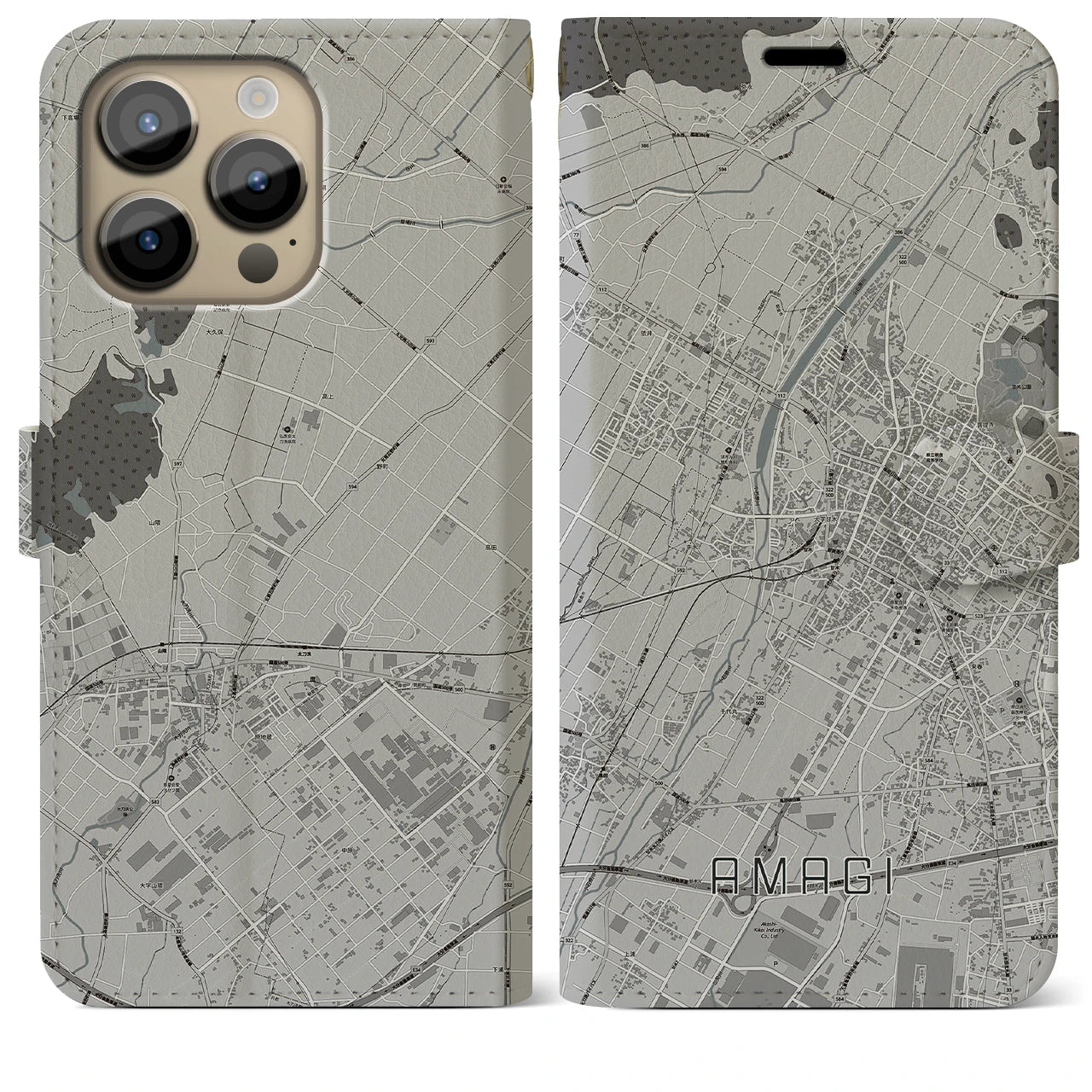 【甘木】地図柄iPhoneケース（手帳両面タイプ・モノトーン）iPhone 14 Pro Max 用