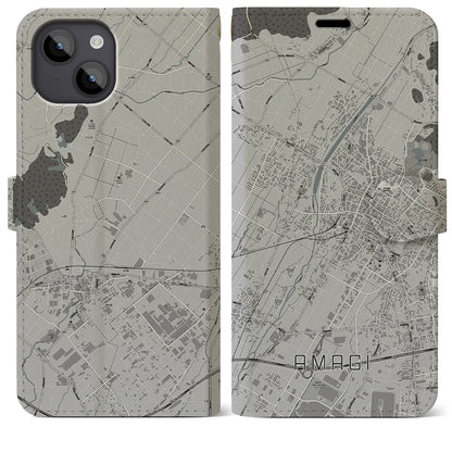 【甘木（福岡県）】地図柄iPhoneケース（手帳タイプ）モノトーン・iPhone 14 Plus 用