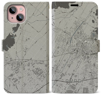 【甘木（福岡県）】地図柄iPhoneケース（手帳タイプ）モノトーン・iPhone 15 Plus 用