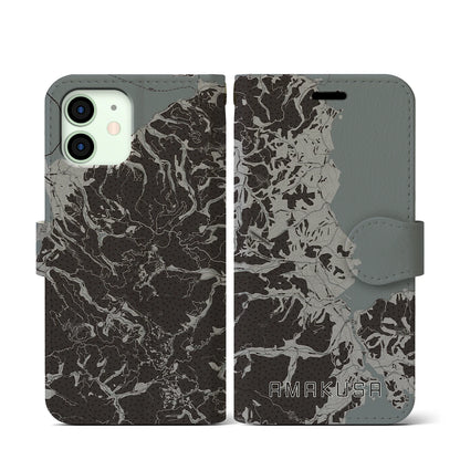 【天草（熊本県）】地図柄iPhoneケース（手帳タイプ）モノトーン・iPhone 12 mini 用