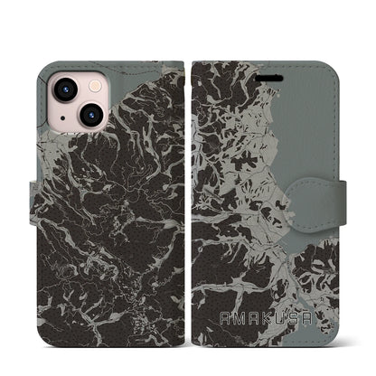 【天草（熊本県）】地図柄iPhoneケース（手帳タイプ）モノトーン・iPhone 13 mini 用