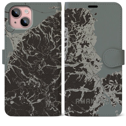 【天草（熊本県）】地図柄iPhoneケース（手帳タイプ）モノトーン・iPhone 15 Plus 用