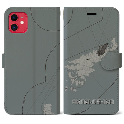 【奄美大島（鹿児島県）】地図柄iPhoneケース（手帳タイプ）モノトーン・iPhone 11 用