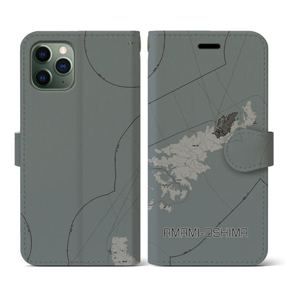 【奄美大島（鹿児島県）】地図柄iPhoneケース（手帳タイプ）モノトーン・iPhone 11 Pro 用