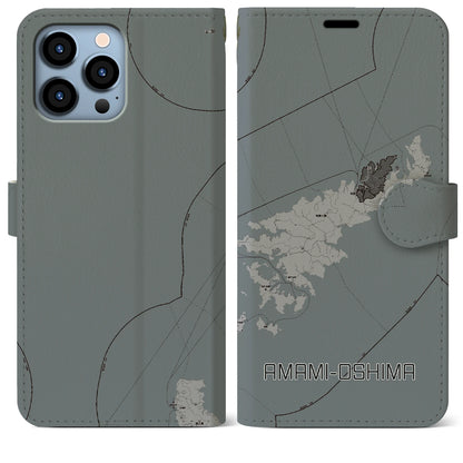 【奄美大島（鹿児島県）】地図柄iPhoneケース（手帳タイプ）モノトーン・iPhone 13 Pro Max 用