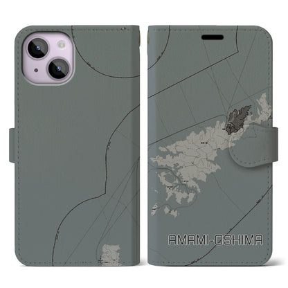 【奄美大島（鹿児島県）】地図柄iPhoneケース（手帳タイプ）モノトーン・iPhone 14 用