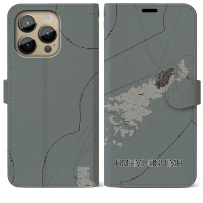 【奄美大島（鹿児島県）】地図柄iPhoneケース（手帳タイプ）モノトーン・iPhone 14 Pro Max 用