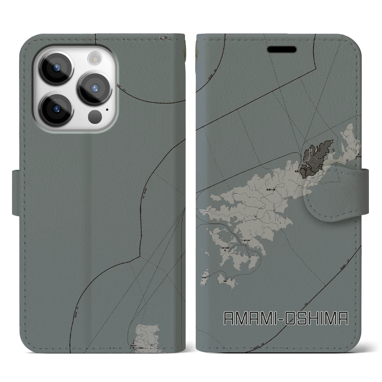 【奄美大島】地図柄iPhoneケース（手帳両面タイプ・モノトーン）iPhone 14 Pro 用