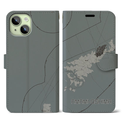 【奄美大島（鹿児島県）】地図柄iPhoneケース（手帳タイプ）モノトーン・iPhone 15 用