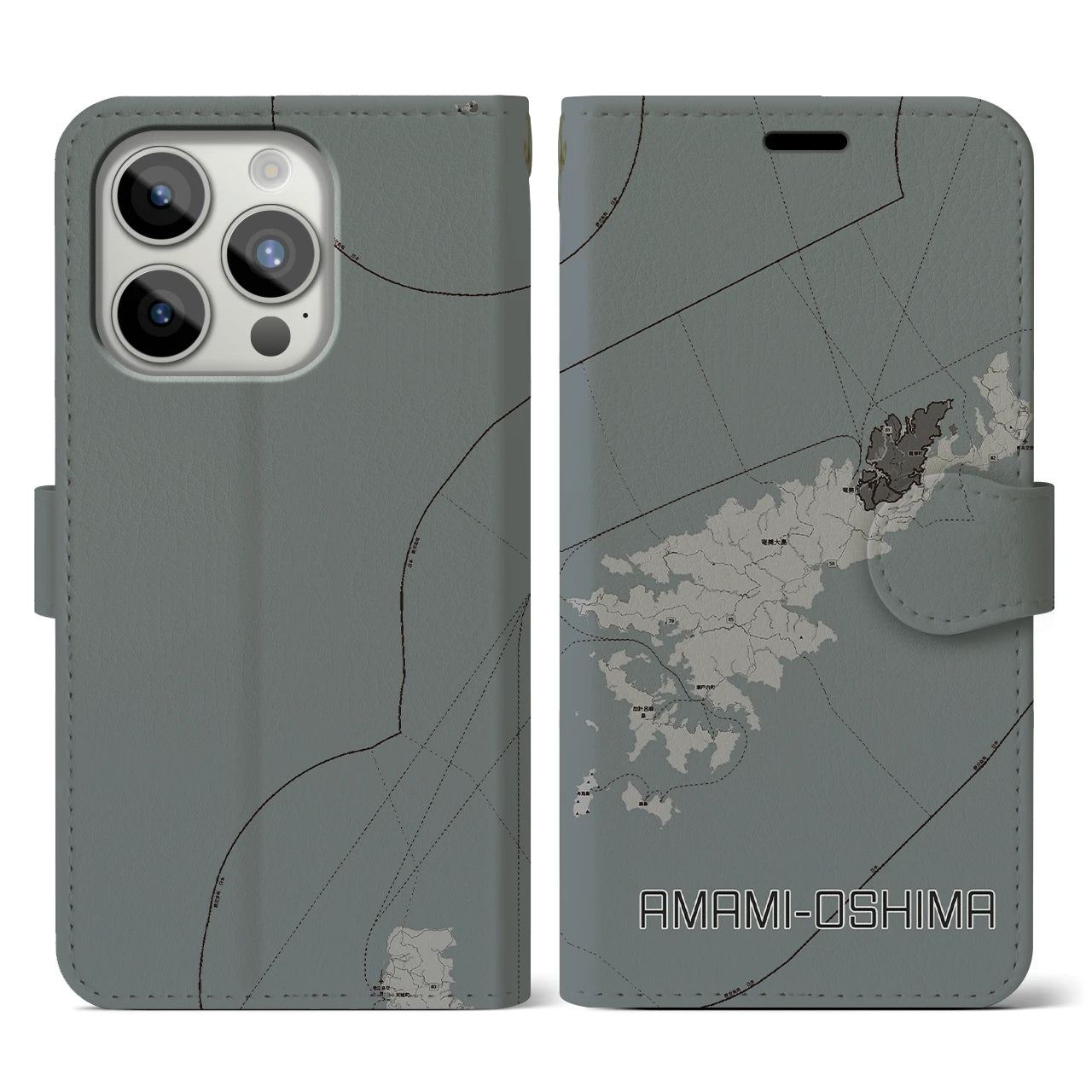 【奄美大島】地図柄iPhoneケース（手帳両面タイプ・モノトーン）iPhone 15 Pro 用