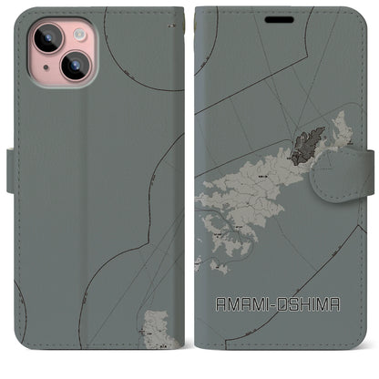 【奄美大島（鹿児島県）】地図柄iPhoneケース（手帳タイプ）モノトーン・iPhone 15 Plus 用
