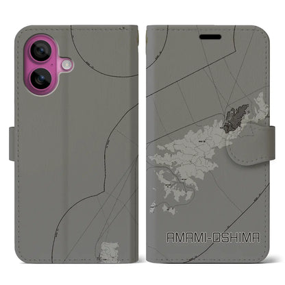 【奄美大島（鹿児島県）】地図柄iPhoneケース（手帳タイプ）モノトーン・iPhone 16 Pro 用