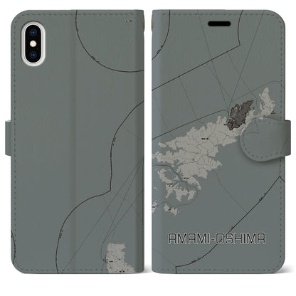 【奄美大島（鹿児島県）】地図柄iPhoneケース（手帳タイプ）モノトーン・iPhone XS Max 用