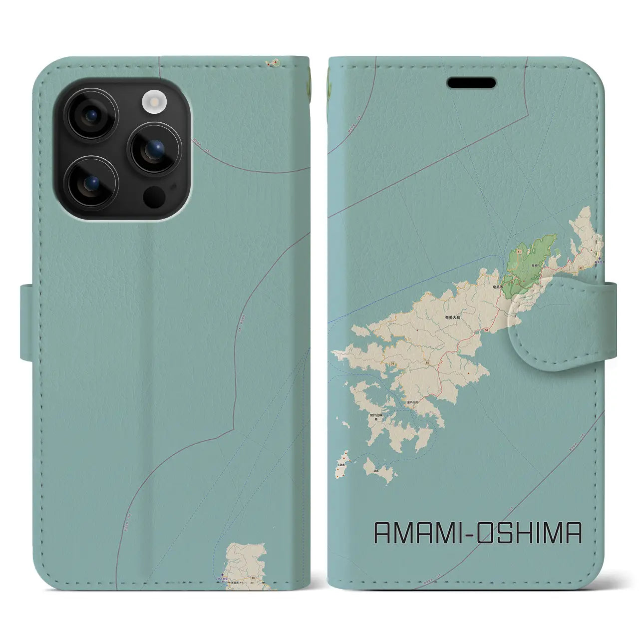 【奄美大島（鹿児島県）】地図柄iPhoneケース（手帳タイプ）ナチュラル・iPhone 16 用