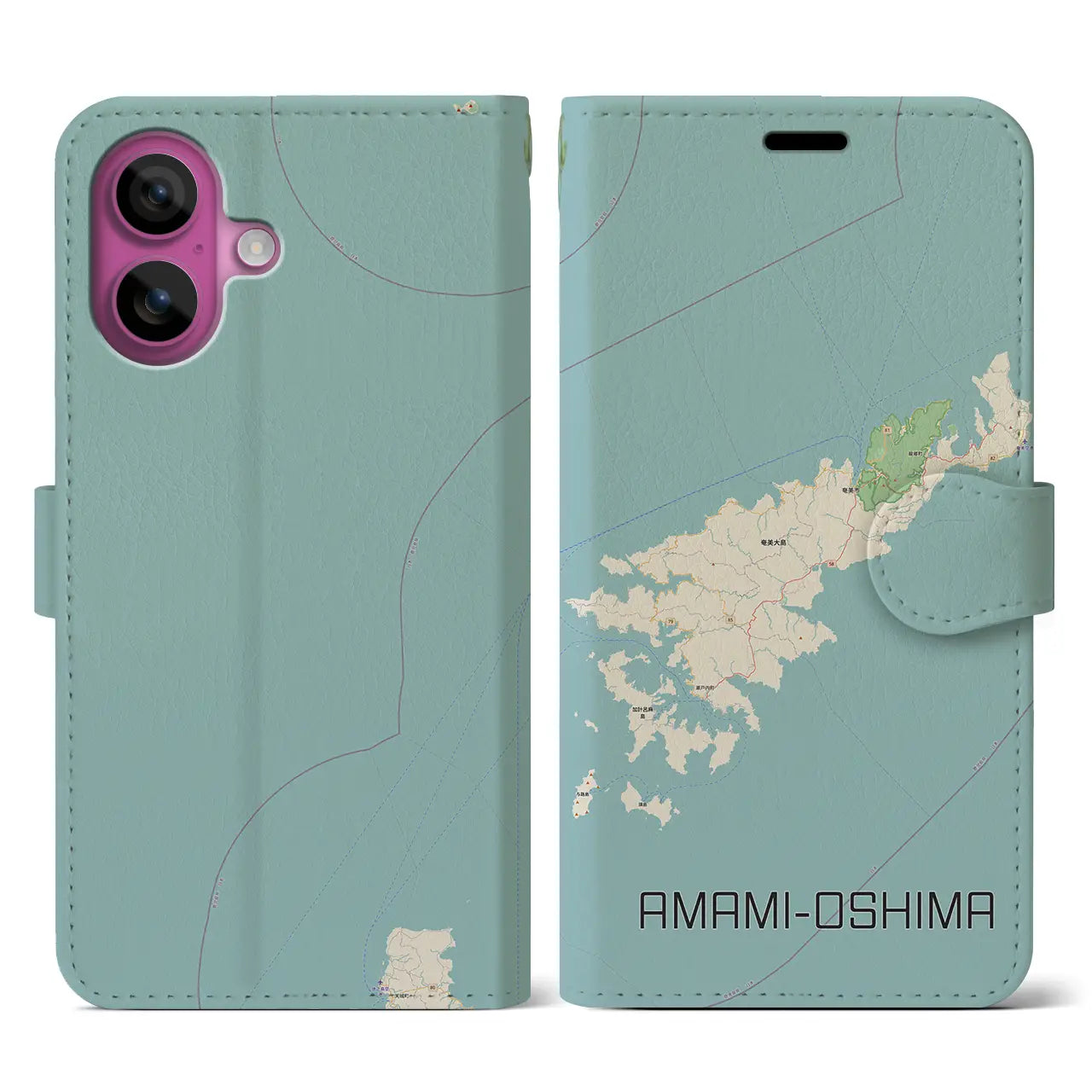 【奄美大島（鹿児島県）】地図柄iPhoneケース（手帳タイプ）ナチュラル・iPhone 16 Pro 用