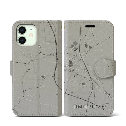 【余目（山形県）】地図柄iPhoneケース（手帳タイプ）モノトーン・iPhone 12 mini 用