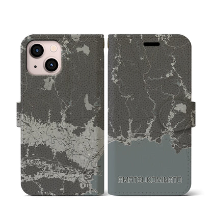 【天津小湊（千葉県）】地図柄iPhoneケース（手帳タイプ）モノトーン・iPhone 13 mini 用