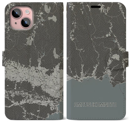 【天津小湊（千葉県）】地図柄iPhoneケース（手帳タイプ）モノトーン・iPhone 15 Plus 用