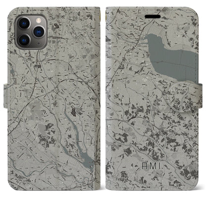 【阿見（茨城県）】地図柄iPhoneケース（手帳タイプ）モノトーン・iPhone 11 Pro Max 用